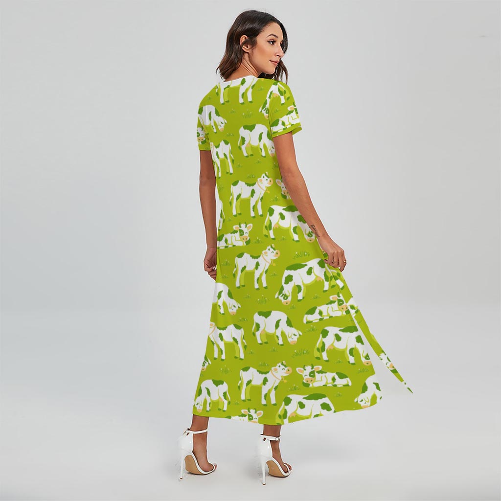 Cute Smiley Cow Pattern Print Short Sleeve Maxi Dress