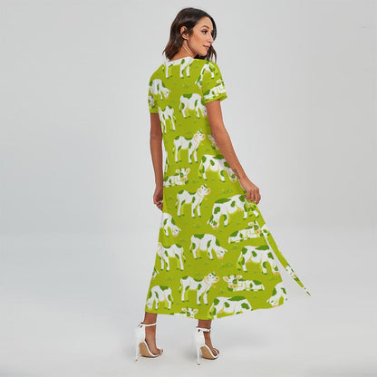 Cute Smiley Cow Pattern Print Short Sleeve Maxi Dress