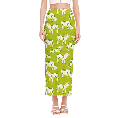 Cute Smiley Cow Pattern Print Side Slit Maxi Skirt