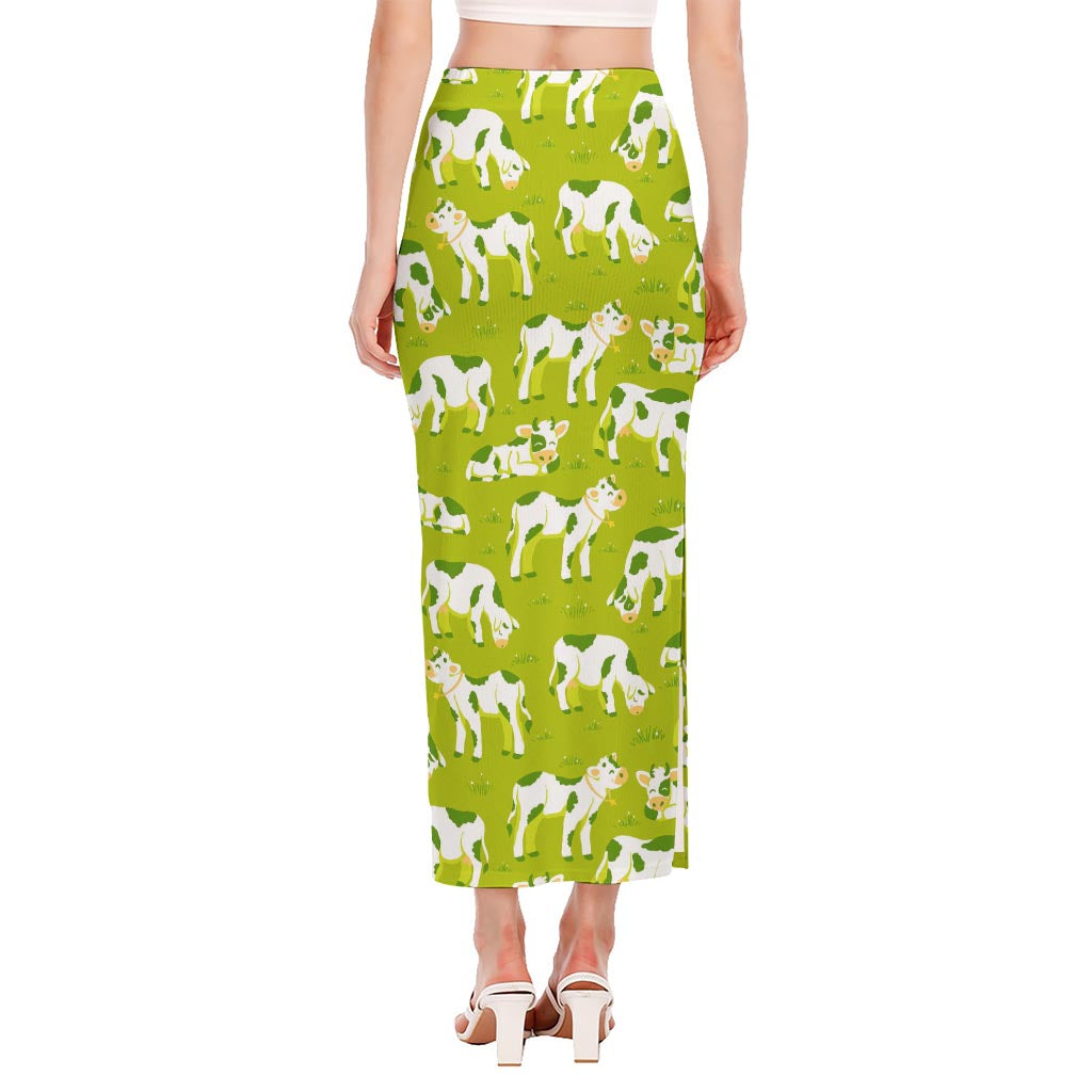 Cute Smiley Cow Pattern Print Side Slit Maxi Skirt