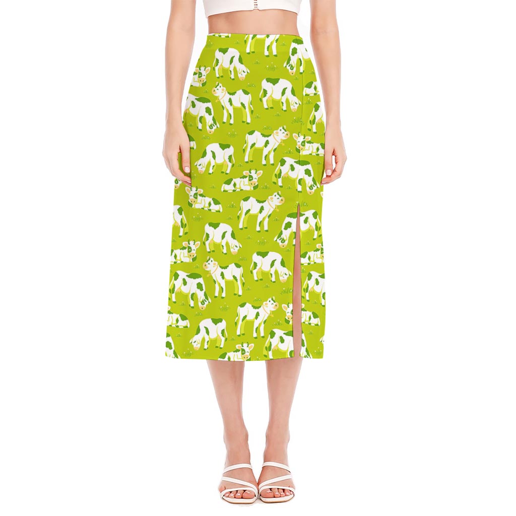 Cute Smiley Cow Pattern Print Side Slit Midi Skirt