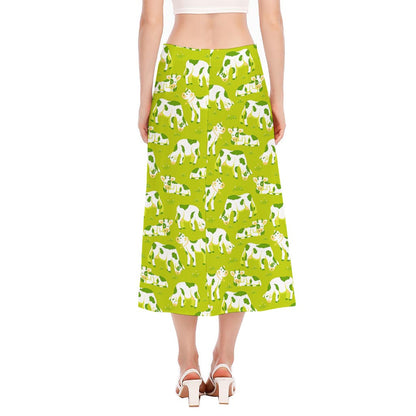 Cute Smiley Cow Pattern Print Side Slit Midi Skirt