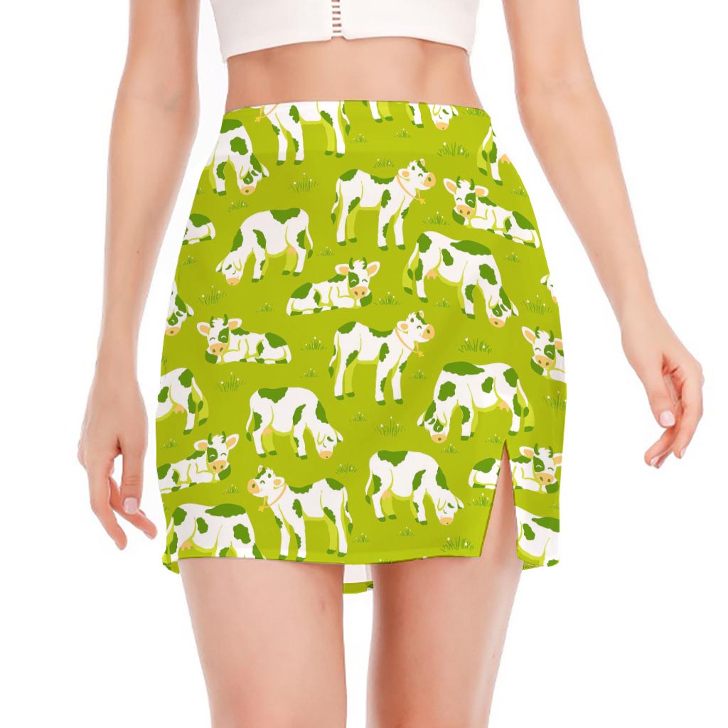 Cute Smiley Cow Pattern Print Side Slit Mini Skirt