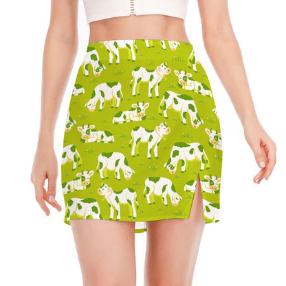 Cute Smiley Cow Pattern Print Side Slit Mini Skirt