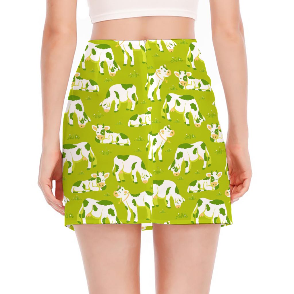 Cute Smiley Cow Pattern Print Side Slit Mini Skirt