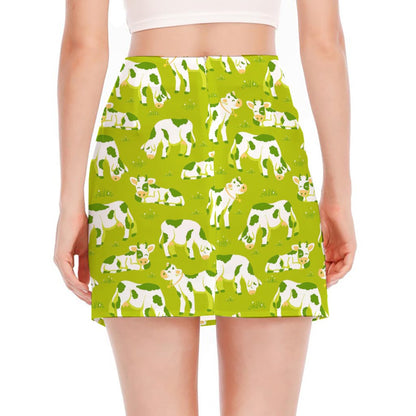 Cute Smiley Cow Pattern Print Side Slit Mini Skirt