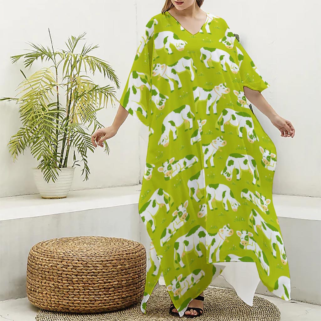 Cute Smiley Cow Pattern Print Silk V-Neck Kaftan Dress