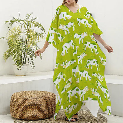 Cute Smiley Cow Pattern Print Silk V-Neck Kaftan Dress