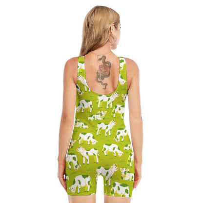 Cute Smiley Cow Pattern Print Sleeveless One Piece Swimsuit