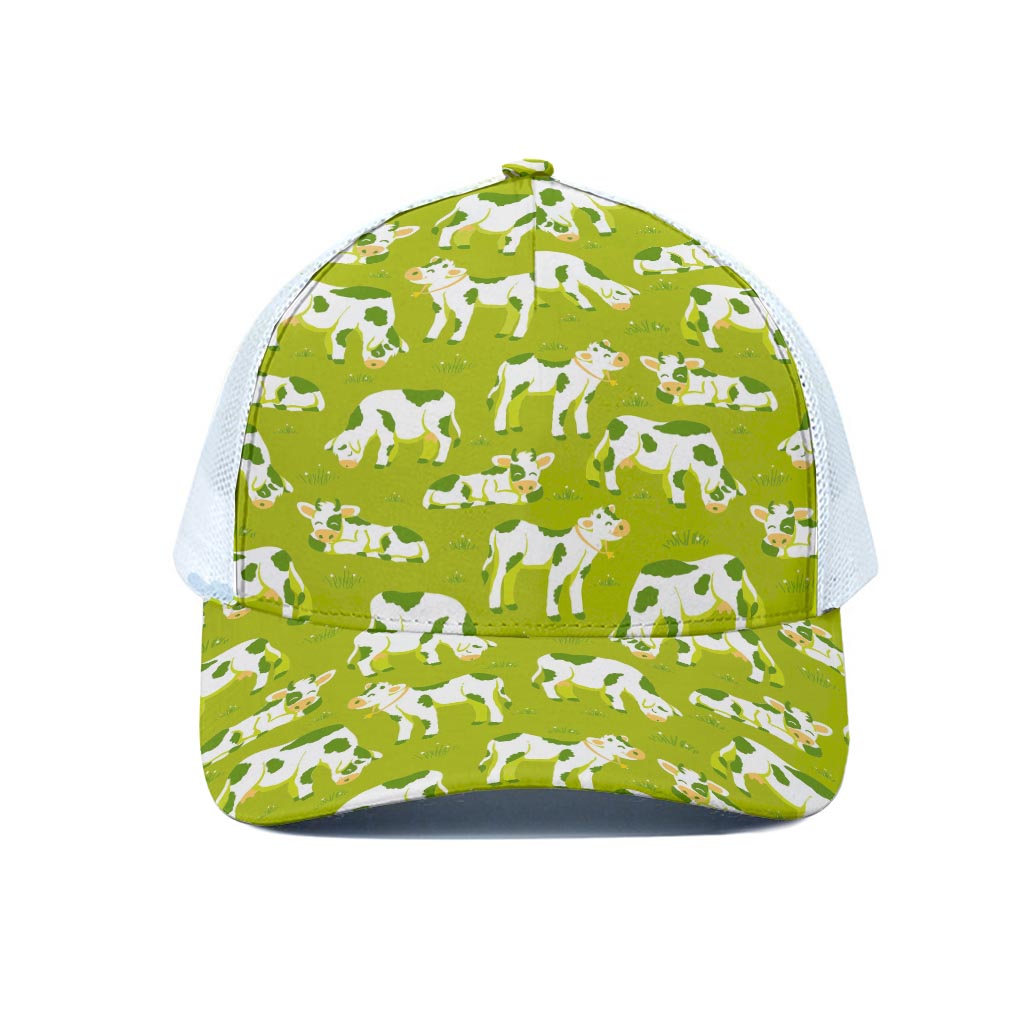 Cute Smiley Cow Pattern Print White Mesh Trucker Cap