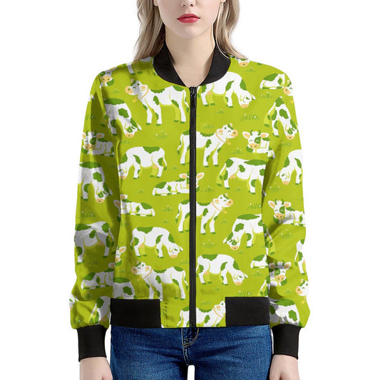 Cute Smiley Cow Pattern Print Women's Bomber Jacket