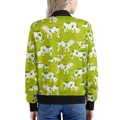 Cute Smiley Cow Pattern Print Women's Bomber Jacket