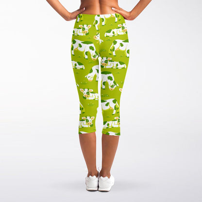 Cute Smiley Cow Pattern Print Women's Capri Leggings