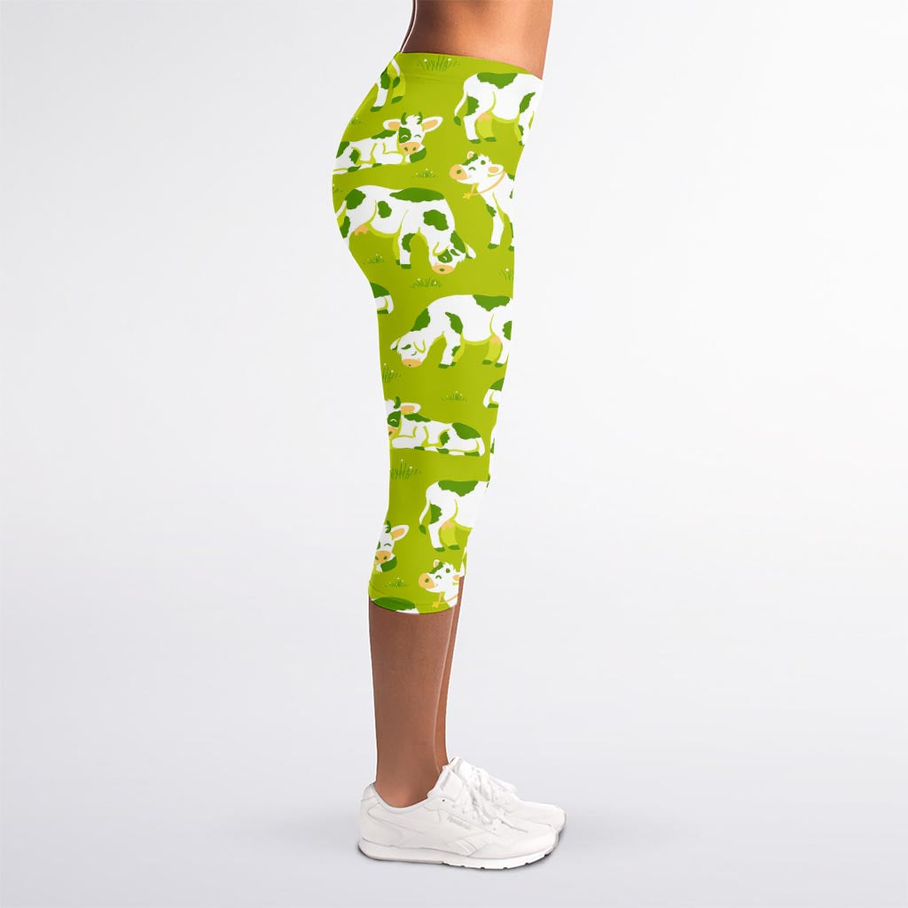 Cute Smiley Cow Pattern Print Women's Capri Leggings