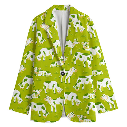 Cute Smiley Cow Pattern Print Women's Cotton Blazer