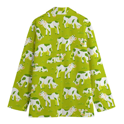 Cute Smiley Cow Pattern Print Women's Cotton Blazer