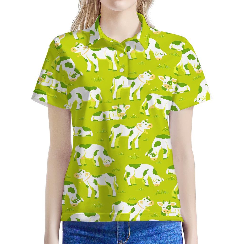Cute Smiley Cow Pattern Print Women's Polo Shirt