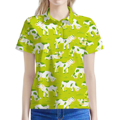 Cute Smiley Cow Pattern Print Women's Polo Shirt