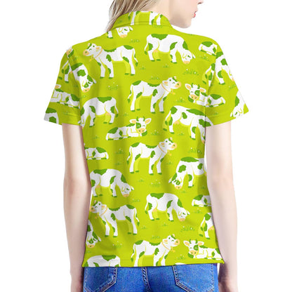 Cute Smiley Cow Pattern Print Women's Polo Shirt