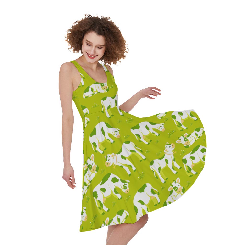 Cute Smiley Cow Pattern Print Women's Sleeveless Dress