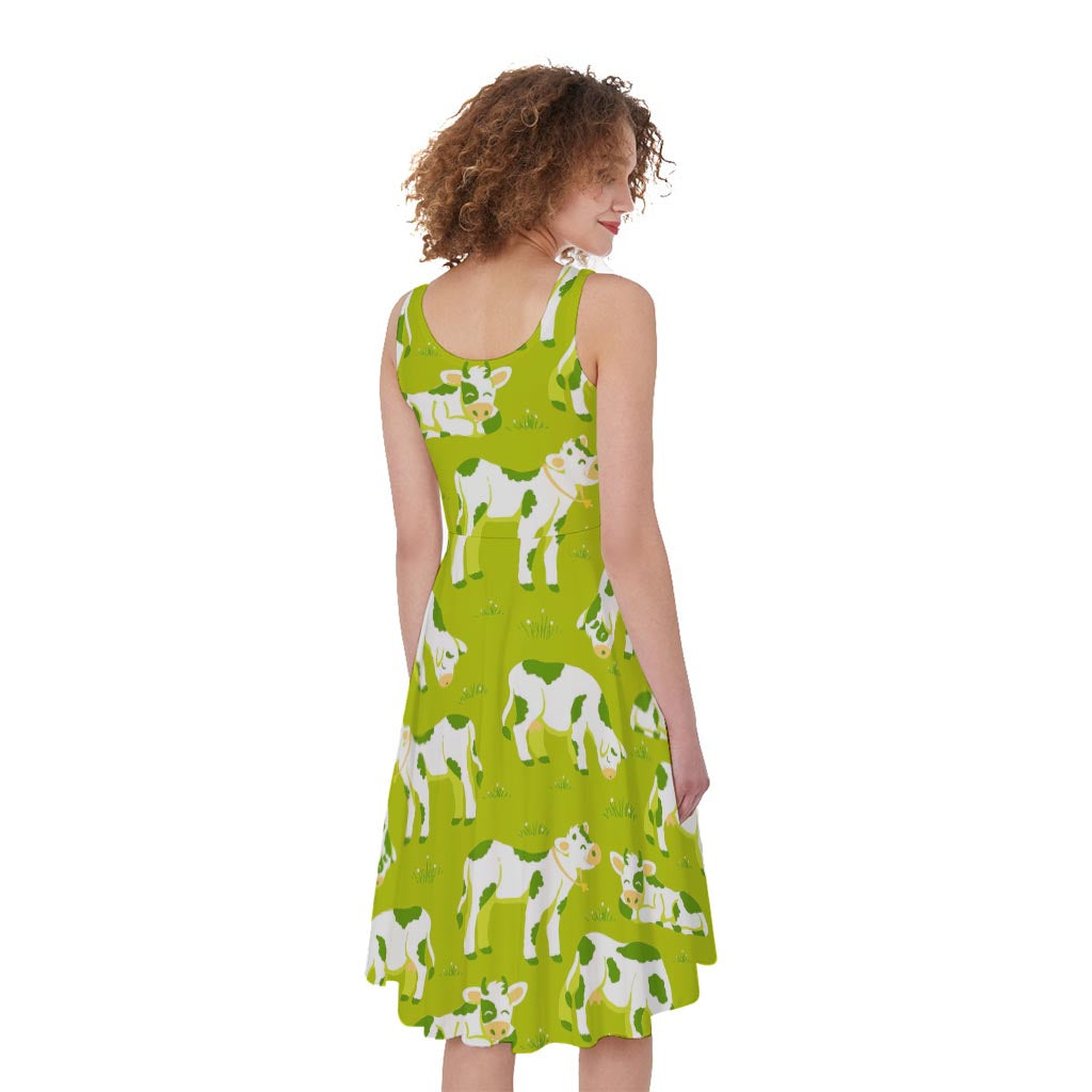 Cute Smiley Cow Pattern Print Women's Sleeveless Dress