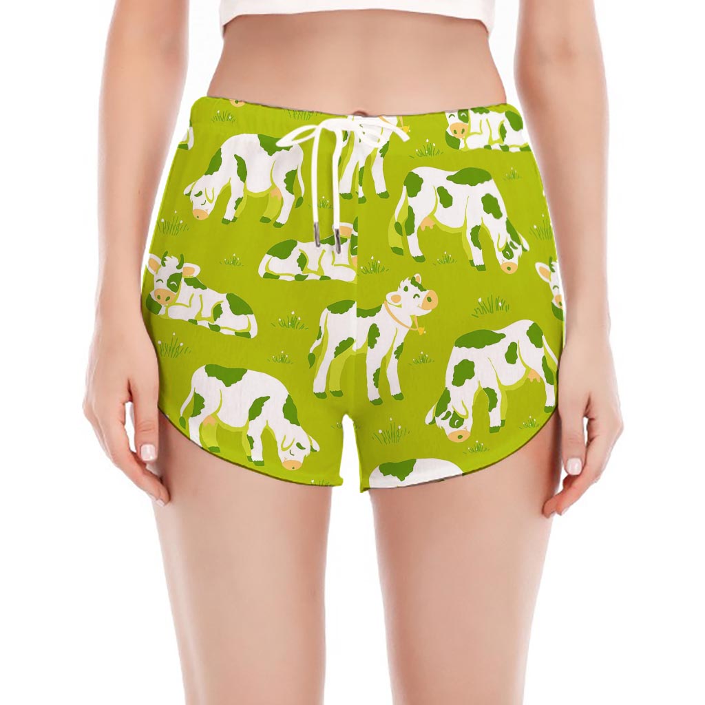 Cute Smiley Cow Pattern Print Women's Split Running Shorts