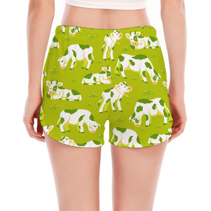 Cute Smiley Cow Pattern Print Women's Split Running Shorts
