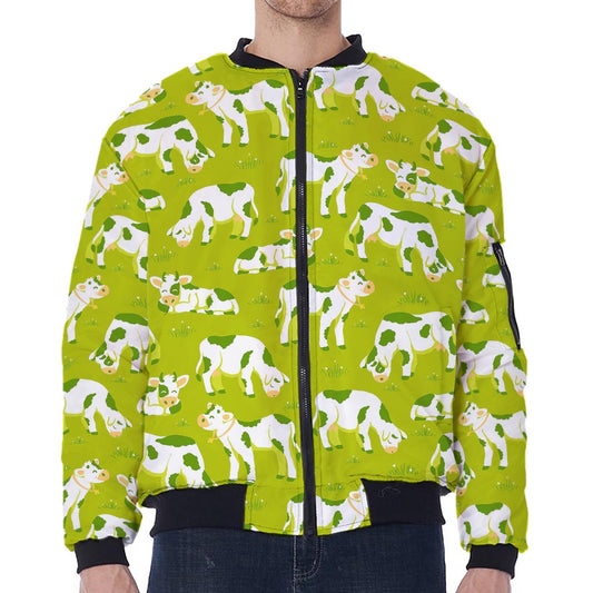 Cute Smiley Cow Pattern Print Zip Sleeve Bomber Jacket