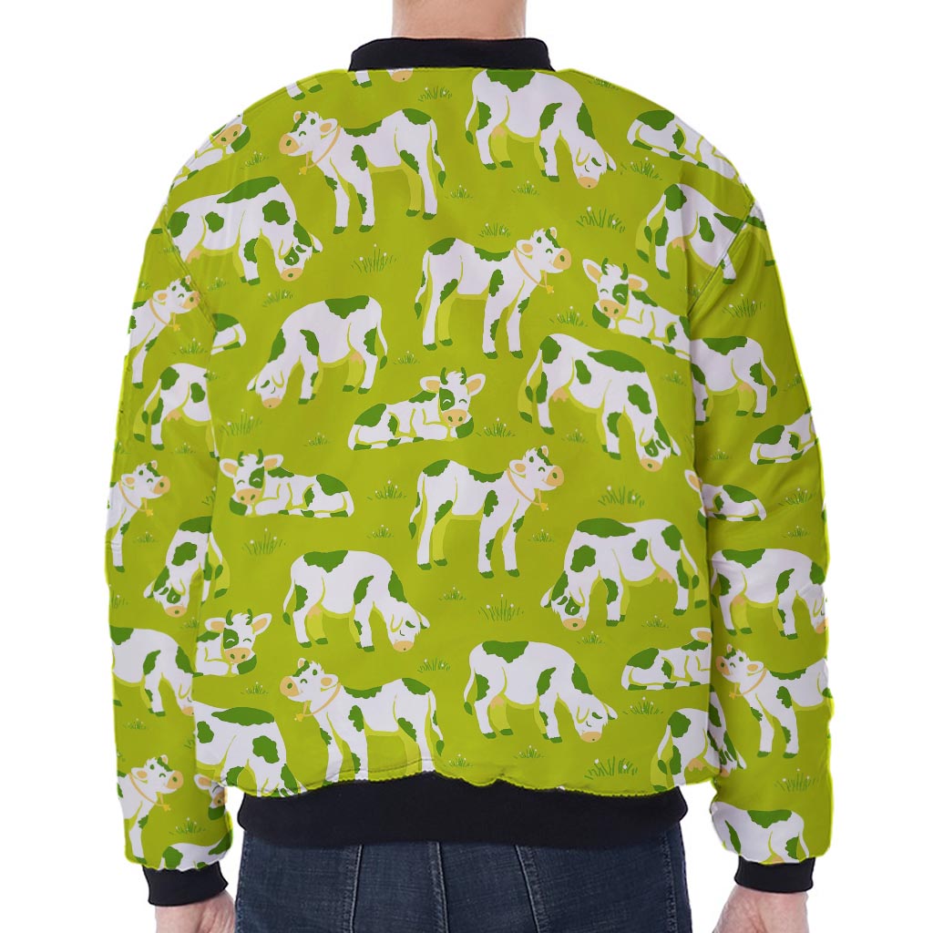 Cute Smiley Cow Pattern Print Zip Sleeve Bomber Jacket