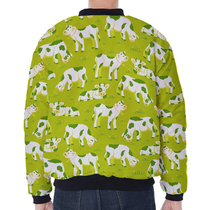 Cute Smiley Cow Pattern Print Zip Sleeve Bomber Jacket