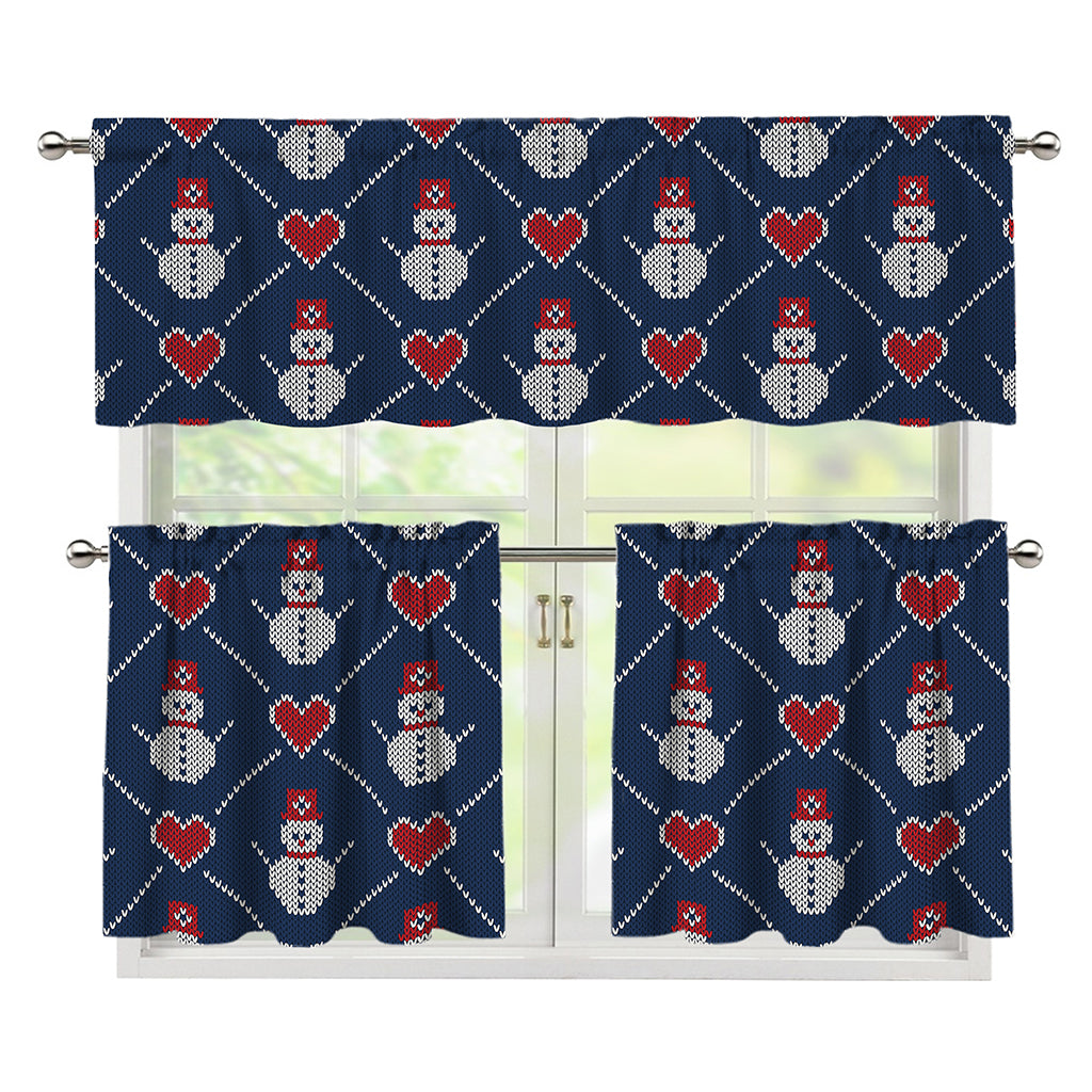 Cute Snowman Knitted Pattern Print 3 Piece Kitchen Curtains