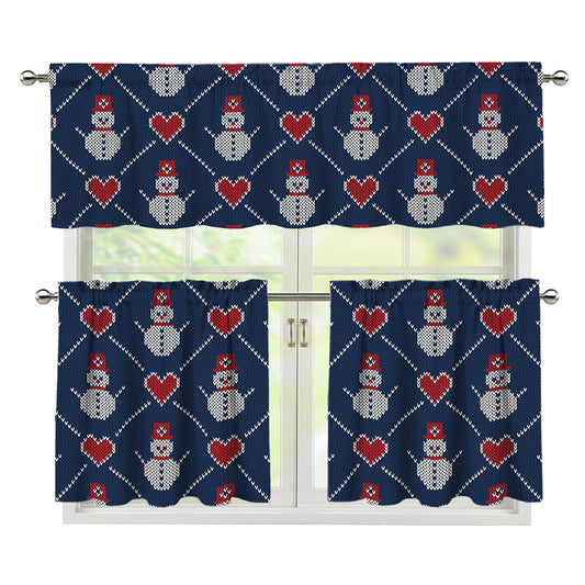 Cute Snowman Knitted Pattern Print 3 Piece Kitchen Curtains
