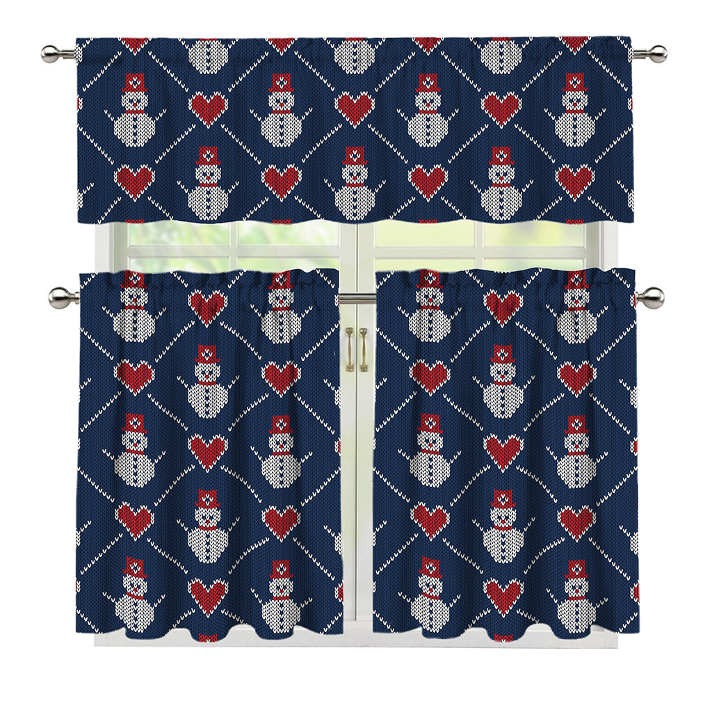 Cute Snowman Knitted Pattern Print 3 Piece Kitchen Curtains