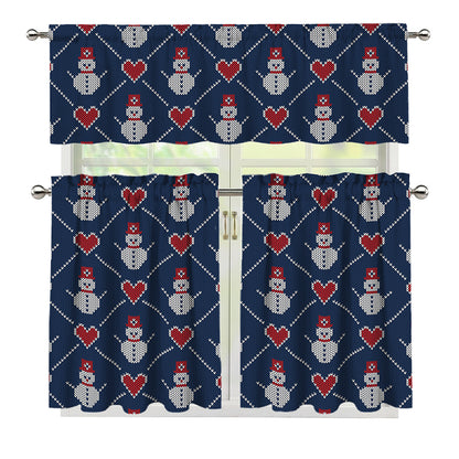 Cute Snowman Knitted Pattern Print 3 Piece Kitchen Curtains
