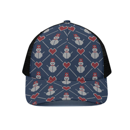 Cute Snowman Knitted Pattern Print Black Mesh Trucker Cap
