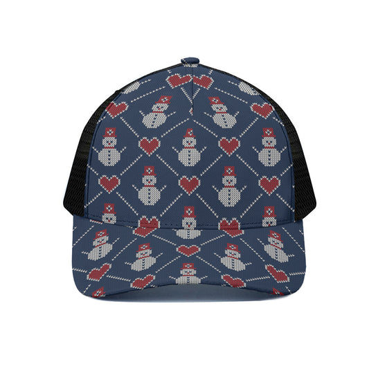 Cute Snowman Knitted Pattern Print Black Mesh Trucker Cap