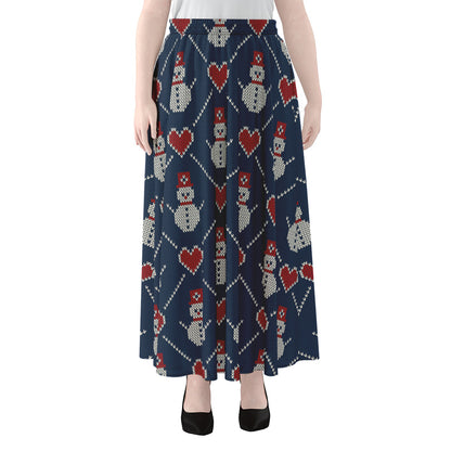 Cute Snowman Knitted Pattern Print Chiffon Maxi Skirt