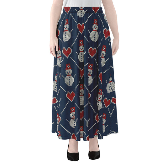 Cute Snowman Knitted Pattern Print Chiffon Maxi Skirt