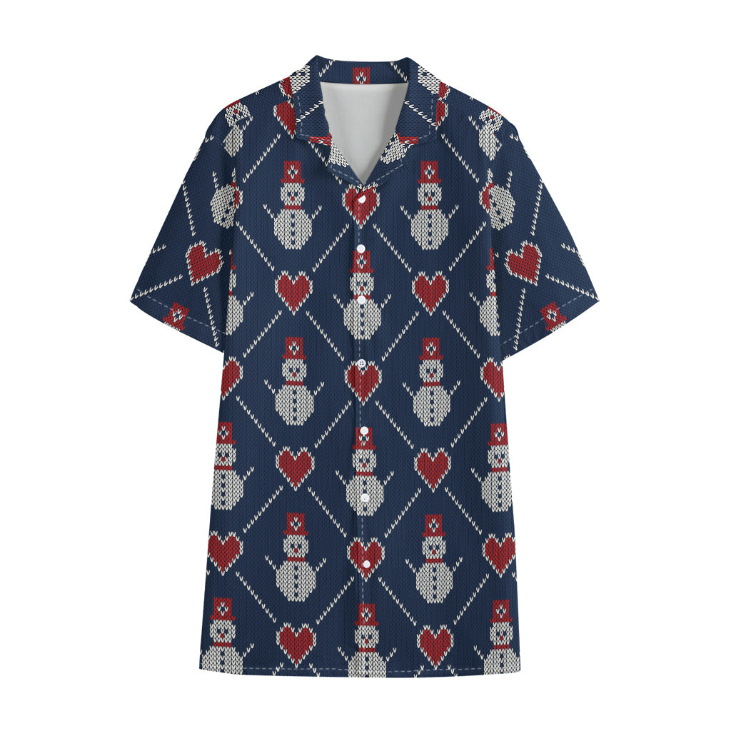 Cute Snowman Knitted Pattern Print Cotton Hawaiian Shirt