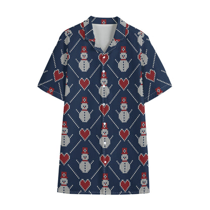 Cute Snowman Knitted Pattern Print Cotton Hawaiian Shirt
