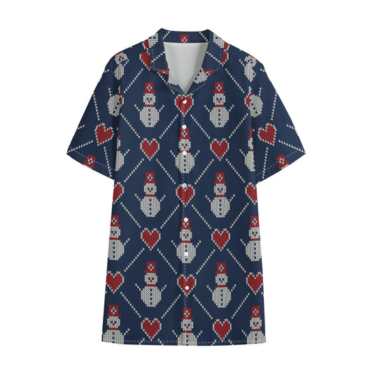 Cute Snowman Knitted Pattern Print Cotton Hawaiian Shirt