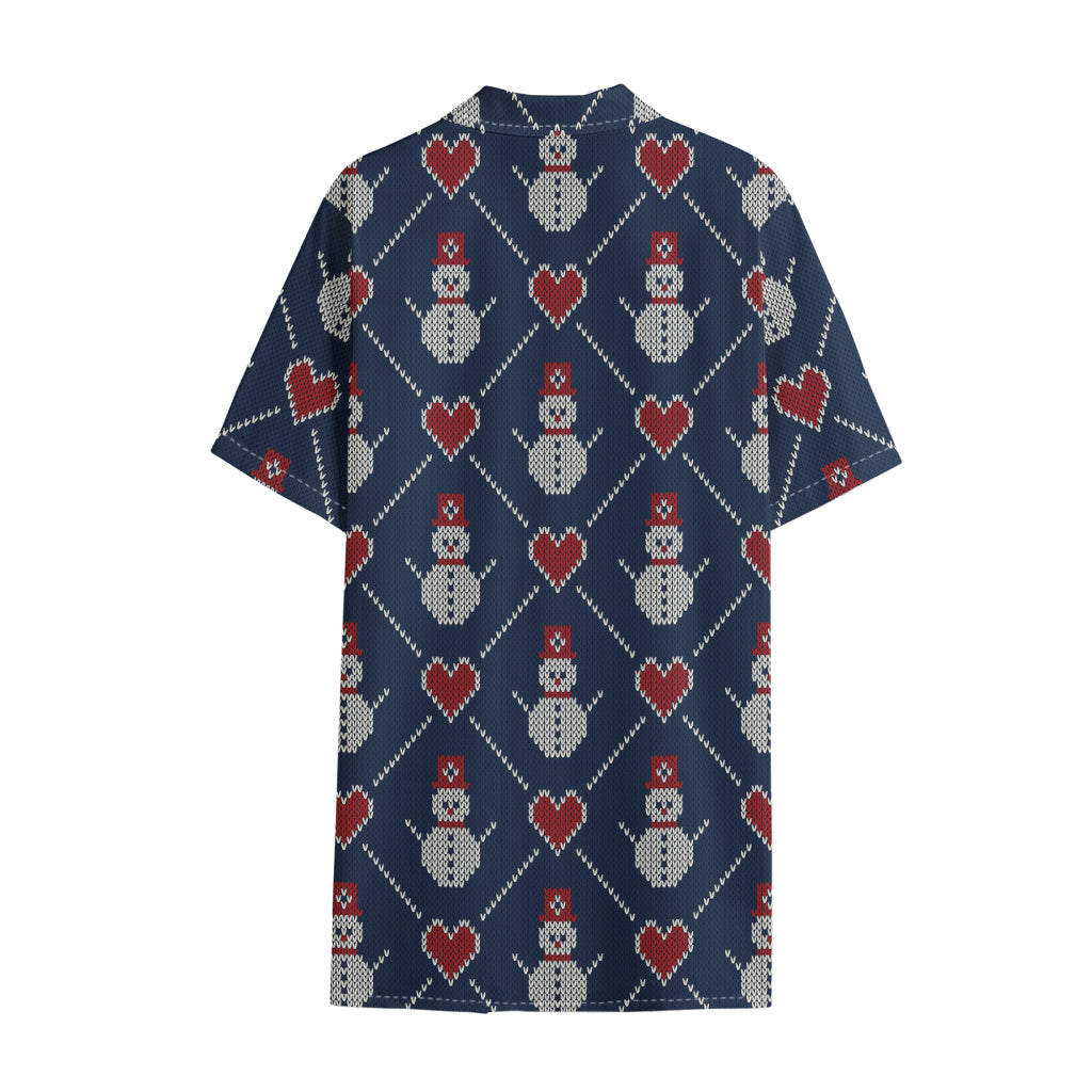 Cute Snowman Knitted Pattern Print Cotton Hawaiian Shirt