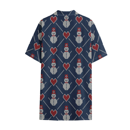 Cute Snowman Knitted Pattern Print Cotton Hawaiian Shirt