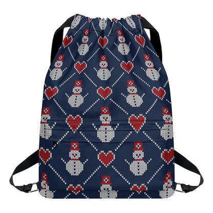 Cute Snowman Knitted Pattern Print Drawstring Backpack
