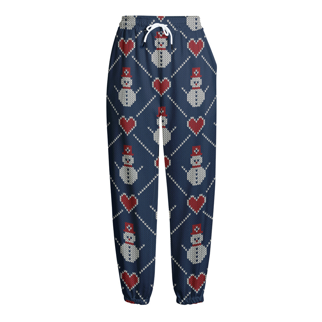 Cute Snowman Knitted Pattern Print Fleece Lined Knit Pants