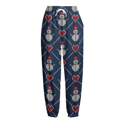 Cute Snowman Knitted Pattern Print Fleece Lined Knit Pants