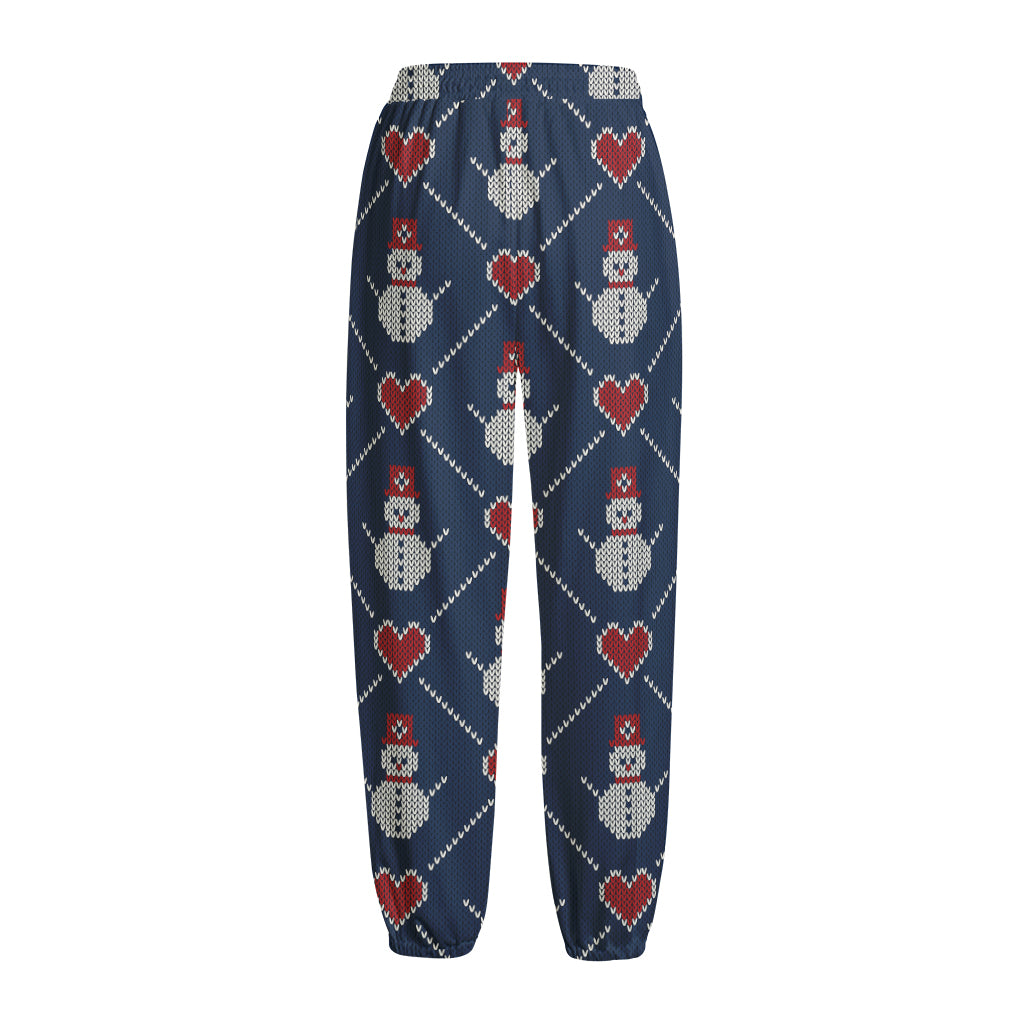 Cute Snowman Knitted Pattern Print Fleece Lined Knit Pants