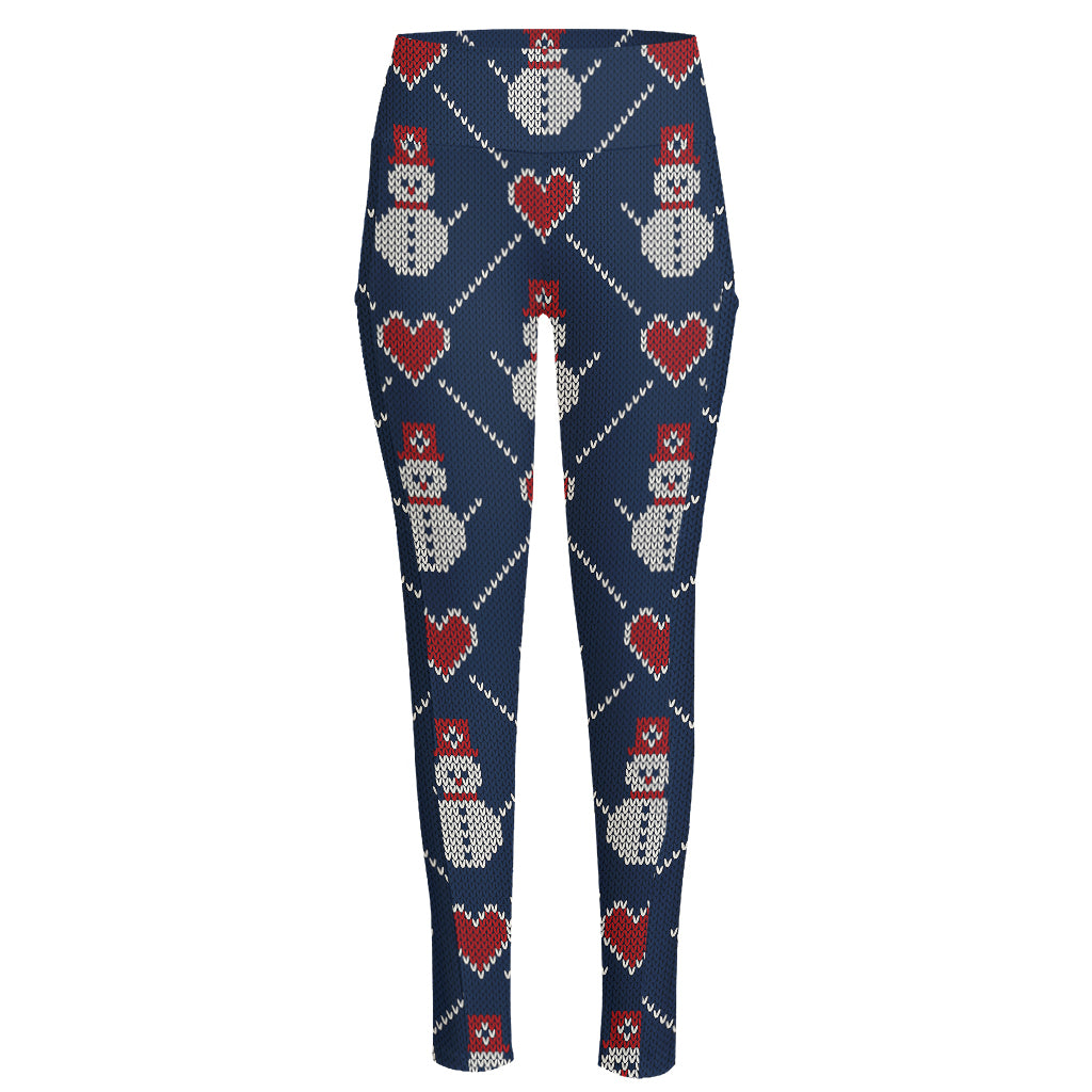 Cute Snowman Knitted Pattern Print High-Waisted Pocket Leggings