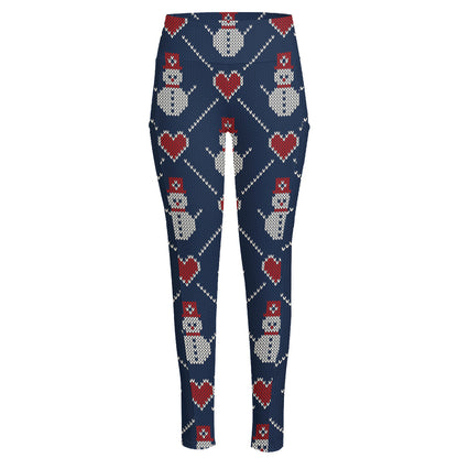 Cute Snowman Knitted Pattern Print High-Waisted Pocket Leggings