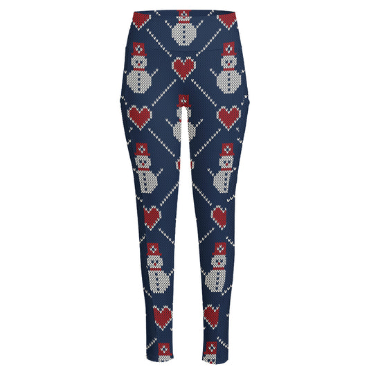 Cute Snowman Knitted Pattern Print High-Waisted Pocket Leggings